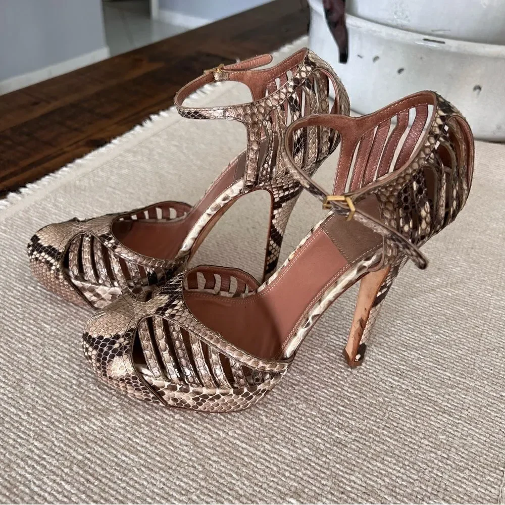 LAURENCE DECADE Paris Snakeskin Leather Platform Ankle Strap Heels Size 37